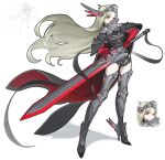  1girl absurdres arm_armor armor armored_boots bin_seb black_cape black_leotard blonde_hair boots breasts cape closed_mouth english_commentary facial_mark floating_cape floating_hair full_body gauntlets gorget headpiece high_heel_boots high_heels highleg highleg_leotard highres holding holding_sword holding_weapon huge_weapon knee_armor leotard long_hair looking_at_viewer medium_breasts multiple_views original parted_bangs red_eyes shoulder_armor simple_background sketch_inset solo standing sword tachi-e thigh_armor thigh_boots two-sided_cape two-sided_fabric very_long_hair weapon white_background 