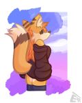  2026 4:5 absurd_res anthro brown_body brown_clothing brown_eyes brown_fur brown_stripes brown_sweater brown_topwear canid canine clothing cloud ear_stripes esti_(esti_esti_esti) esti_esti_esti female fox fur grass grey_clothing grey_legwear grey_stockings hair hi_res leaf legwear looking_at_viewer looking_back mammal orange_body orange_fur orange_hair plant purple_background simple_background stockings stripes sweater topwear white_body white_fur 