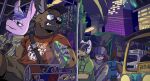  2020 aggressive_retsuko anthro asinus black_nose blue_hair bottomwear brown_body brown_fur building cheek_tuft clothed clothing donkey equid equine eyewear facial_tuft fangs fully_clothed fur group haida hair hi_res hyaenid male mammal outside phone sanrio shirt shorts spotted_hyena sunglasses t-shirt tadano_(aggretsuko) topwear tuft vehicle vetiver_n 