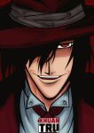  1boy 2019 alucard_(hellsing) artist_name black_hair coat commentary english_commentary hair_over_one_eye hat hellsing khuantru long_hair looking_at_viewer male_focus necktie one_eye_covered open_mouth portrait red_background red_coat red_eyes red_hat red_necktie shirt simple_background smile solo teeth vampire white_shirt 