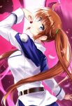  1girl artist_name blue_eyes blush breasts brown_hair closed_mouth commentary_request dated from_side large_breasts long_hair looking_at_viewer lyrical_nanoha mahou_shoujo_lyrical_nanoha_strikers military military_uniform ponytail raising_heart raising_heart_(standby_mode) san-pon simple_background smile solo sparkle_background takamachi_nanoha tsab_air_military_uniform 