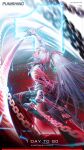  1girl alpha:_crimson_weave_(pgr) alpha_(pgr) asymmetrical_arms blue_eyes breasts chain coat commentary countdown electricity english_commentary highres holding holding_sword holding_weapon long_hair looking_up medium_breasts multicolored_hair official_art promotional_art punishing:_gray_raven red_streaks solo strap streaked_hair sword thigh_strap very_long_hair weapon white_coat white_hair 