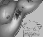  anthro armpit_fetish armpit_hair bibomusky bodily_fluids body_hair duo flexing hi_res humanoid line_art male male/male mammal monochrome muscular musk musky_armpit mustelid nipples observing otter presenting scalie shaded shaded_line_art shy simple_background solo sweat unknown_species voyeur 