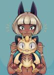  1girl 1other :p animal_ears bangs black_eyes blue_eyes blunt_bangs breasts cat_ears coin crossover dark_skin dark_skinned_female english_commentary eyelashes fangs gen_1_pokemon halter_top halterneck highres holding holding_pokemon joanna_went_bananas looking_at_viewer medium_breasts meowth pawpads pokemon pokemon_(creature) scar_on_arm short_hair silver_hair skullgirls slit_pupils tongue tongue_out trait_connection valentine_(skullgirls) whiskers 