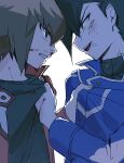  2boys angry black_hair black_shirt blood blood_on_clothes blood_on_face blood_on_hand blue_coat brown_eyes brown_hair bruise bruise_on_face clenched_teeth close-up clothes_grab coat commentary_request facing_another grin hai_(haihki) heads_together injury jacket long_sidelocks looking_at_another male_focus manjoume_jun multiple_boys nosebleed open_clothes open_jacket popped_collar red_jacket rivalry shirt sidelocks smile spiked_hair teeth upper_body white_background yu-gi-oh! yu-gi-oh!_gx yuki_judai 