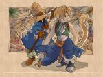  2boys bare_shoulders belt_buckle black_mage_(final_fantasy) blonde_hair blue_coat blue_pants blue_wrist_cuffs boots brown_gloves buckle closed_mouth coat cropped_vest dagger final_fantasy final_fantasy_ix full_body gloves grey_boots grey_gloves hat highres holding holding_dagger holding_knife holding_staff holding_weapon knife low_ponytail male_focus multiple_boys on_one_knee pants parted_bangs ponytail red_gloves serious shirt sososohran staff striped_clothes striped_pants vest vivi_ornitier void_face walking weapon white_background white_shirt wizard_hat wrist_cuffs yellow_eyes zidane_tribal 
