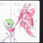  2girls antennae arthropod_girl arthropod_limbs bob_cut colored_skin commentary dress elbow_gloves full_body furry furry_female gardevoir gloves green_hair hair_over_one_eye hezi_(measukivov) highres looking_at_viewer lurantis mega_gardevoir mega_pokemon multiple_girls pink_eyes pink_skin pokemon pokemon_(creature) praying_mantis short_hair simple_background standing upper_body white_background white_dress white_gloves white_skin 