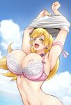  1girl armpits arms_up blonde_hair blush bra breasts choker cutie_honey earrings headband highres itachou jewelry kisaragi_honey large_breasts long_hair navel open_mouth solo underwear undressing very_long_hair 