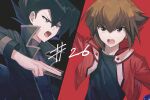 2boys black_background black_coat black_hair black_shirt brown_eyes brown_hair card coat commentary_request dynamic_pose facing_to_the_side facing_viewer hai_(haihki) high_contrast holding holding_card jacket long_sidelocks looking_ahead male_focus manjoume_jun multiple_boys numbered open_clothes open_coat open_jacket open_mouth outstretched_arm popped_collar red_background red_jacket shirt sidelocks spiked_hair two-tone_background yu-gi-oh! yu-gi-oh!_gx yuki_judai 