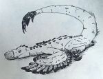  absurd_res claws dinosaur dromaeosaurid exhausted feathers feral fluffy half-closed_eyes hatching_(art) hi_res jaxfera line_art looking_at_viewer lying lying_on_ground narrowed_eyes on_ground prehistoric_species reptile saurischian scales scalie shaded simple_background tail tail_tuft theropod toe_claws traditional_media_(artwork) tuft velociraptor winged_arms wings 