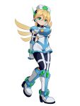  1girl absurdres alternate_costume armor armored_boots blonde_hair body_armor bodysuit boots cinnamon_(mega_man) collared_shirt commission commissioner_upload covered_navel crop_top cross full_body gauntlets gloves green_eyes high_heel_boots high_heels highres knee_boots long_bangs long_hair mechanical_ears mega_man_(series) mega_man_x:_command_mission mega_man_x_(series) mega_man_zero_(series) non-web_source nurse redesign shirt shoulder_armor skirt solo thighs transparent_background uta_guipiy 