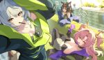  3girls absurdres anby_demara animal_ears bell black_boots black_choker black_coat black_gloves black_hair black_leotard boots braid breasts bupa_chila cat_ears cat_girl cat_tail chinese_commentary choker claws cleavage coat commentary_request dot_nose ethereal_(zenless_zone_zero) fishnets food food_in_mouth gloves green_eyes green_shirt grey_hair hair_intakes hair_ribbon happy headband high_heel_boots high_heels highleg highleg_leotard highres holding holding_removed_eyewear indoors large_breasts leaning_on_object leotard long_hair long_sleeves looking_at_viewer lying mascot_costume medium_breasts medium_hair mole mole_on_breast mole_under_eye multiple_girls multiple_tails neck_bell nekomiya_mana nicole_demara on_back one_eye_closed open_mouth orange_eyes orange_ribbon outstretched_arm parted_bangs pink_hair plant pocky pocky_in_mouth popped_collar potted_plant red_headband ribbon selfie shirt sleeveless sleeveless_shirt small_breasts standing tail twintails two_tails unworn_eyewear window yawning zenless_zone_zero 