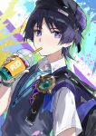  1boy aqua_gem arm_at_side backpack bag beret bishounen black_bag black_hair black_hat blue_necktie blue_trim blunt_ends bright_pupils choppy_bangs collared_shirt commentary_request contemporary cup disposable_cup drinking_straw eyeliner fingernails gem genshin_impact glint gold grey_sweater_vest hand_up hat highres holding holding_cup insignia looking_at_viewer makeup male_focus nanashizimi necktie official_alternate_costume open_collar paint_splatter portrait purple_eyes purple_trim red_eyeliner scaramouche_(genshin_impact) school_uniform shirt short_sleeves solo sweater_vest tsurime undershirt wanderer_(genshin_impact) wanderer_(mega_mgc_coffee)_(genshin_impact) white_pupils white_shirt white_sleeves white_trim 
