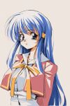  1990s_(style) 1girl absurdres amasawa_ikumi blue_eyes blue_hair blunt_ends bow bowtie closed_mouth commentary_request cropped_jacket hair_between_eyes hair_ornament hairclip highres jacket long_hair longmei_er_de_tuzi looking_at_viewer moon_(game) open_clothes open_jacket red_jacket retro_artstyle school_uniform shirt sidelocks simple_background solo straight_hair upper_body very_long_hair white_background white_shirt yellow_bow yellow_bowtie 