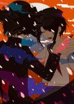  1boy 1girl absurdres awoito_(tsurubami_jiguro) black_hair black_jacket black_sailor_collar black_skirt closed_eyes commentary_request facing_another falling_petals gakuran hat highres holding holding_hands interlocked_fingers jacket long_sleeves moon neckerchief open_mouth original petals pleated_skirt red_neckerchief sailor sailor_collar school school_uniform serafuku shirt short_hair skirt smile white_shirt 