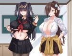  2girls absurdres alternate_costume black_hair black_nails black_pantyhose black_skirt blunt_bangs breasts brown_hair chalkboard cleavage clothes_around_waist commentary_request commission contemporary cowboy_shot fire_emblem fire_emblem_awakening fire_emblem_fates hand_on_own_hip hands_up highres kagero_(fire_emblem) large_breasts multiple_girls nail_polish navel pantyhose pleated_skirt rynn_(darknescorez) school_uniform skirt stomach sweater sweater_around_waist tharja_(fire_emblem) 