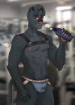  anthro bibomusky black_body bodily_fluids bottle clothing container curly_hair felid gym hair harness heterochromia hi_res jockstrap male mammal mixed_media muscular musk musky_body pantherine photo_background photography_(artwork) solo sweat sweatdrop underwear water_bottle 