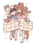  2girls :< :3 alarm_clock alternate_costume angelina_(arknights) animal_ear_fluff animal_ears arknights aroma_(arknights) barefoot black_ribbon blanket blue_skirt blue_streaks brown_hair cat_ears cat_girl chinese_commentary clock commentary_request commission fox_ears fox_girl fox_tail full_body highres long_hair multicolored_hair multiple_girls neck_ribbon pajamas pillow pink_shirt plantar_flexion ribbon shirt simple_background skirt sleep_mask sleeping_together streaked_hair stuffed_fox tail tu_shifu_bao_chao under_covers white_background 