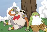  2026 4_fingers amphibian anthro biped clothing cloud detailed_background duo fingers frog green_body grey_body hand_holding hat headgear headwear hi_res machine male nohoho outside overweight overweight_male plant puyo_puyo puyo_puyo_tetris robot sega sitting sleeping taxonite tree zed_(puyo_puyo) 