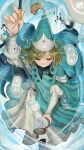  1girl aqua_cloak black_leggings blue_aura blue_theme casting_spell cloak coco_(tongari_boushi_no_atelier) commentary_request conical_hat cowboy_shot dated dress floating_hair from_above green_hair hat hat_tassel highres holding holding_pen ink ink_trail inkwell leggings long_sleeves magic_circle magion02 patreon_username pen qifrey's_atelier_apprentice_uniform runes short_hair sigil signature smile solo tabard tongari_boushi_no_atelier wavy_hair white_dress wind wind_lift witch wizard_hat 