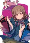  1girl absurdres bow breasts brown_hair collared_shirt commentary_request controller danganronpa_(series) danganronpa_2:_goodbye_despair diaper ear_bow flipped_hair game_controller hair_ornament highres holding holding_controller holding_game_controller hood jacket joy-con long_sleeves looking_at_viewer medium_hair monomi_(danganronpa) nanami_chiaki open_clothes open_jacket pink_eyes pink_ribbon red_background ribbon shirt skirt white_background white_shirt youko-shima 