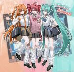  3girls a.i._voice absurdres adachi_rei aqua_eyes aqua_hair aqua_nails bag black_shoes black_skirt blue_bow blue_cardigan bow brown_cardigan cardigan cardigan_around_waist closed_mouth clothes_around_waist collared_shirt commentary_request dot_nose drill_hair english_text full_body gyaru hair_between_eyes hair_ornament hairclip hatsune_miku highres kasane_teto kaukrtya0915 leg_warmers long_hair looking_at_viewer medium_hair multiple_girls musical_note necktie open_mouth orange_eyes orange_hair orange_nails orange_necktie pink_cardigan pleated_skirt red_bow red_eyes red_hair red_nails school_bag shirt shoes side_ponytail skirt standing striped_bow twin_drills twintails twitter_username utau v very_long_hair vocaloid white_leg_warmers white_shirt zoom_layer 