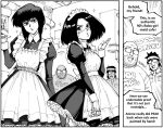  2boys 2girls absurdres alita apron battle_angel_alita bb_(baalbuddy) beard_stubble blowing_kiss commentary crossover cyborg dress english_commentary english_text enmaided facial_hair ghost_in_the_shell glasses highres kusanagi_motoko maid maid_headdress mechanical_hands monochrome multiple_boys multiple_girls opaque_glasses otaku short_hair sparkle speech_bubble stubble trait_connection 
