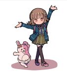  1girl absurdres arm_up bow breasts brown_hair collared_shirt commentary_request danganronpa_(series) danganronpa_2:_goodbye_despair diaper ear_bow flipped_hair hair_ornament highres hood jacket long_sleeves looking_at_viewer medium_hair monomi_(danganronpa) nanami_chiaki neck_ribbon open_clothes open_jacket outstretched_arms pink_eyes pink_ribbon pink_shoes pleated_skirt ribbon shirt shirt_tucked_in shoes skirt standing thighhighs white_shirt youko-shima 