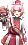  1girl :d absurdres animal_ears beret bright_pupils brown_hair collar commentary dark_persona ear_covers ears_through_headwear english_commentary gold_trim green_collar green_streaks hand_puppet hat highres horse_ears horse_girl jacket long_sleeves looking_at_viewer marche_lorraine_(racing)_(umamusume) marche_lorraine_(umamusume) medium_hair mini_hat mini_top_hat multicolored_hair multicolored_skirt ngmq open_mouth pink_hair pleated_skirt puppet purple_eyes red_hat red_skirt red_wrist_cuffs role_reversal shaded_face short_hair simple_background skirt smile solo streaked_hair teeth top_hat umamusume upper_teeth_only white_background white_jacket white_pupils white_skirt wrist_cuffs 