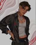  1boy abs abstract_background black_nails black_pants black_shirt blonde_hair bracelet brown_eyes brown_hair buttons chain chain_belt chain_bracelet chain_necklace chest_tattoo closed_mouth collared_shirt colored_inner_hair commentary cowboy_shot dark-skinned_male dark_skin drawn_heart ear_piercing earrings face_piercing flower_tattoo grey_background grey_tank_top hands_on_own_hips head_tilt highres jewelry key_earrings light_smile lips lock_necklace looking_ahead male_focus male_underwear male_underwear_peek midriff_peek mole mole_above_mouth mole_on_chin mouth_piercing multicolored_hair multiple_bracelets multiple_necklaces nail_polish navel neck_tattoo necklace nose open_clothes open_shirt original pants parted_bangs parted_hair pectorals piercing red_background river_(uneventide) see-through_clothes see-through_tank_top shirt shirt_under_shirt short_hair silver_bracelet silver_earrings silver_necklace silver_ring sleeves_rolled_up snake_tattoo tank_top tattoo twitter_username two-tone_background two-tone_hair underwear uneventide untranslatable_commentary 