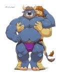  2021 absurd_res anthro belly black_nose blue_body blue_fur blush bovid bovine brown_body brown_fur cattle clothing duo felid fur grope hi_res hug hugging_from_behind humanoid_hands jockstrap jumperbear kemono lion male male/male mammal moob_grab musclegut navel pantherine simple_background underwear white_background 