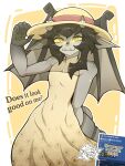  anthro black_hair clothed clothed_female clothing deadlock_(game) dialogue dress english_text facial_piercing fangs female flat_chested fully_clothed fully_clothed_female furgonomic_hat furgonomic_headwear furgonomics gargoyle grey_body hair hat headgear headwear hi_res horn hosses21 ivy_(deadlock) looking_at_viewer membrane_(anatomy) membranous_wings nose_piercing nose_ring piercing pupils question ring_piercing slit_pupils solo sun_hat sundress teeth text valve wings yellow_eyes 