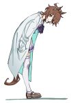  1girl agnes_tachyon_(tach-nology)_(umamusume) agnes_tachyon_(umamusume) ahoge animal_ears bow bowtie brown_eyes brown_hair brown_shoes from_side full_body hands_in_pockets highres horse_ears horse_girl horse_tail lab_coat leaning_forward looking_at_viewer pleated_skirt purple_bow purple_shirt purple_skirt school_uniform shirt shoes short_hair simple_background skirt standing sxxx_ja tail thighhighs tracen_school_uniform umamusume white_background 