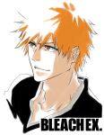  1boy bleach brown_eyes close-up closed_mouth collarbone commentary_request copyright_name cropped_torso eyebrows_hidden_by_hair hair_between_eyes highres kurosaki_ichigo looking_to_the_side male_focus mitarashi_(5333069) orange_hair parted_lips portrait short_hair simple_background smile solo spiked_hair tsurime v-shaped_eyebrows white_background 