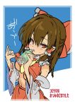  1girl ascot blush bottle bow breasts brown_hair clothes_lift commentary_request detached_sleeves frilled_bow frilled_hair_tubes frills hair_bow hair_tubes hakurei_reimu highres holding holding_bottle hot lifting_own_clothes long_hair looking_at_viewer medium_breasts no_bra red_bow red_eyes red_skirt ribbon-trimmed_sleeves ribbon_trim shirt_lift skirt skirt_set solo stomach sweat tororo_(toriaezu) touhou translation_request yellow_ascot 