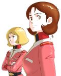  2girls absurdres aobito_sukoyaka_bystander belt blonde_hair blue_eyes breasts brown_eyes brown_hair closed_mouth collared_dress collared_jacket commentary_request crossed_arms dress earth_federation from_side frown gundam high-waist_skirt highres jacket long_sleeves looking_at_viewer medium_breasts medium_hair military_uniform mirai_yashima mobile_suit_gundam multiple_girls pink_dress pink_jacket sayla_mass simple_background skirt small_breasts smile upper_body white_background 
