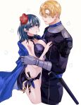  1boy 1girl :o armpits bare_arms bare_shoulders bikini black_bikini blonde_hair blue_eyes blue_hair blush breast_press breasts collarbone commentary_request cropped_legs dagger dimitri_alexandre_blaiddyd embarrassed female_byleth_(fire_emblem) female_byleth_(summer)_(fire_emblem) fire_emblem fire_emblem:_three_houses fire_emblem_heroes flower flustered from_side garreg_mach_monastery_uniform hair_flower hair_ornament hamut_nl hetero hibiscus highres knife large_breasts looking_at_another looking_to_the_side official_alternate_costume parted_lips red_flower sheath side-tie_bikini_bottom stomach swimsuit thighs weapon white_background 