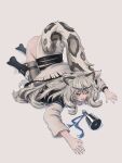  1girl all_fours animal_ear_fluff animal_ears arknights bead_necklace beads bell black_boots black_cape blush boots braid braided_sidelocks cape dress fallen_down fur-trimmed_boots fur_trim grey_eyes grey_hair grey_thighhighs highres jewelry long_hair looking_at_viewer necklace no_panties okukin_07 open_mouth pramanix_(arknights) sidelocks simple_background snow_leopard_ears snow_leopard_girl snow_leopard_tail solo tail tail_through_clothes tearing_up thighhighs tiara top-down_bottom-up white_background white_dress 