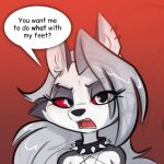  2021 anthro canid canid_demon collar demon ear_piercing ear_ring female fur grey_body grey_fur grey_hair hair hellhound helluva_boss hi_res humor loona_(vivzmind) mammal piercing red_background red_sclera simple_background siroc solo spiked_collar spikes white_body white_fur 
