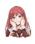  2girls :t blue_eyes blush brown_dress cheek_press commentary_request dress female_pov grabbing_another's_face hasu_no_sora_school_uniform head_grab highres kinjo_maika long_hair long_sleeves looking_at_viewer love_live! love_live!_hasu_no_sora_jogakuin_school_idol_club multiple_girls neckerchief pov pov_hands red_hair red_neckerchief roku_aya_fuyu sailor_collar sailor_dress school_uniform solo_focus white_sailor_collar winter_uniform 