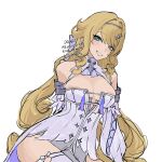  1girl blonde_hair blue_eyes breasts bunnyoki cleavage commentary cosplay detached_sleeves dress english_commentary genshin_impact grey_hairband hairband highres large_breasts long_hair looking_at_viewer mihoyo navia_(genshin_impact) remielle_dan remielle_dan_(cosplay) simple_background smile solo thighhighs thighs twitter_username very_long_hair white_background white_dress white_thighhighs zenless_zone_zero 