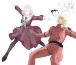  1boy 2girls :d aqua_neckerchief black_pantyhose blue_eyes brown_dress ceras_yanagida_lilienfeld char_aznable commentary_request cooking_pot dress grey_hair gundam hair_ribbon hasu_no_sora_school_uniform highres holding holding_ladle jumpsuit ladle long_hair long_sleeves love_live! love_live!_hasu_no_sora_jogakuin_school_idol_club multiple_girls murano_sayaka neckerchief open_mouth outstretched_arms pantyhose pink_jumpsuit pink_ribbon quattro_bajeena ribbon sailor_collar sailor_dress school_uniform simple_background smile sparkle speech_bubble spoken_scene spread_arms thought_bubble virtual_youtuber white_background white_sailor_collar winter_uniform yoruneko_yashiro zeta_gundam 
