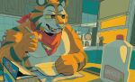  2021 anthro fangs felid frosted_flakes fur hi_res inside kellogg&#039;s male mammal mascot open_mouth pantherine sitting solo striped_body striped_fur stripes tiger tony_the_tiger vetiver_n 