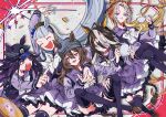  5girls :d absurdres ahoge animal_ears arm_around_neck beanie blue_eyes blunt_bangs border bow brown_hair brown_shoes character_print closed_eyes coin colored_inner_animal_ears colored_inner_hair commentary_request crossed_legs cup curtained_hair dream_journey_(umamusume) dutch_angle ear_covers ears_through_headwear eyewear_strap fenomeno_(umamusume) flipped_hair floating floating_hair glasses gold_coin gold_ship_(umamusume) grey_hat group_picture hair_between_eyes hair_ornament hand_on_own_leg hand_up hat highres holding holding_cup holding_teapot horse_ears horse_girl horse_tail horseshoe_hat_ornament horseshoe_ornament inset_border long_hair looking_at_another looking_at_viewer medium_hair mejiro_mcqueen_(umamusume) multicolored_hair multiple_girls nakayama_festa_(umamusume) open_mouth orange_hair orfevre_(umamusume) outside_border oyami pleated_skirt pointing pointing_at_another purple_eyes purple_hair purple_sailor_collar purple_serafuku purple_skirt purple_thighhighs red_border red_eyes sailor_collar school_uniform serafuku shoes siblings single_ear_cover sisters skirt smile sparkle stay_gold_clan_(umamusume) streaked_hair tail tassel tassel_hair_ornament teacup teapot teeth thighhighs throwing tracen_school_uniform umamusume upper_teeth_only v-shaped_eyebrows very_long_hair white_bow white_hair white_streaks winter_uniform 
