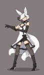  3_tails 5_fingers absurd_res aio_(s_h_uuko) animal_humanoid armwear bike_shorts black_bow black_clothing black_footwear black_gloves black_shoes black_thigh_highs boots bottomwear breasts canid canid_humanoid canine canine_humanoid cleavage clothed clothing elbow_gloves eyebrows facial_scar female fingers footwear fox_humanoid fur glistening glistening_clothing gloves grey_background hair hair_over_eye handwear hi_res high_heeled_boots high_heels humanoid inner_ear_fluff legwear mammal mammal_humanoid multi_tail one_eye_obstructed purple_eyes s_h_uuko scar short_hair shorts simple_background skindentation small_breasts smile solo standing stockings teeth thigh_highs tuft white_body white_fur white_hair 