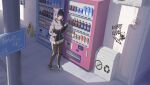  1girl 994522889 animal_ears black_choker black_hair black_hoodie blue_archive breasts brown_pantyhose cat_choker cat_ears chinese_commentary choker closed_mouth cola colored_inner_hair commentary_request dated graffiti green_sailor_collar green_shoes grey_skirt holding holding_phone hood hoodie kazusa_(blue_archive) long_sleeves medium_hair missing_halo monster_energy multicolored_hair neckerchief no_smoking outdoors pantyhose pepsi phone pink_eyes pink_hair pink_neckerchief sailor_collar shoes skirt solo thighs trash_can two-tone_hair vending_machine 