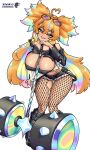  1girl absurdres ahoge arielle_(vtuber) bare_shoulders black_boots black_shirt blonde_hair blue_eyes boots breasts cleavage colored_inner_hair commission curvy english_commentary eyewear_on_head fishnet_pantyhose fishnets hair_between_eyes hair_ornament hammer heart heart_ahoge highres indie_virtual_youtuber large_breasts liquid_hair long_hair looking_at_viewer multicolored_hair navel neon_luminous pantyhose rainbow_hair seductive_smile shirt smile solo sparkle_hair_ornament standing strapless sunglasses thick_thighs thighs torn_clothes torn_pantyhose torn_shirt triangular_eyewear tube_top vgen_commission virtual_youtuber white_background white_tube_top wide_hips x_hair_ornament 