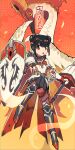  1girl aknosom aknosom_(armor) armor bangs black_hair blush double_bun full_body gloves hair_ornament highres long_hair looking_at_viewer monster monster_hunter_(series) monster_hunter_rise oozaki_nando polearm shield simple_background skirt solo spear thighhighs weapon 