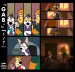  anthro apartment black_nose canid canine canis cellphone chow_chow clothed clothing comic computer curtains dim_lighting domestic_dog duo eye_contact eyebrows fur furniture gab_shiba gabshiba herding_dog holding_cellphone holding_object holding_phone inside korg_(gabshiba) laptop looking_at_another looking_at_cellphone looking_at_computer looking_at_laptop looking_at_object looking_at_phone looking_through looking_through_window male mammal multicolored_body multicolored_fur orange_body orange_fur pastoral_dog pensive phone purple_tongue sad shiba_inu sitting_on_chair solo spitz sunset text thick_eyebrows tongue url wang_chow wearing_glasses welsh_corgi white_body white_fur window yellow_body yellow_fur 