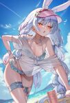  1girl all_fours animal_ear_fluff animal_ears beach bikini blue_bikini blue_hair blue_sky braid breasts commentary_request frilled_thigh_strap hair_ornament hand_on_own_hip hololive long_hair multicolored_hair open_mouth outdoors rabbit_ears rabbit_girl rabbit_tail red_eyes see-through_clothes see-through_shirt shirt shuri_(84k) sky small_breasts solo swimsuit tail thick_eyebrows thigh_strap twin_braids usada_pekora very_long_hair virtual_youtuber visor_cap white_hair white_shirt 